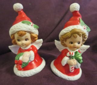 Lefton Set Of 2 Vintage Christmas Angel Bells.  One W/wreath And One W/candy Cane