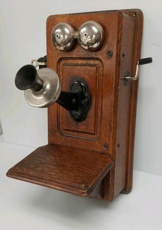 Antique Kellogg Hand Crank Oak Wood Wall Telephone,  phone 3
