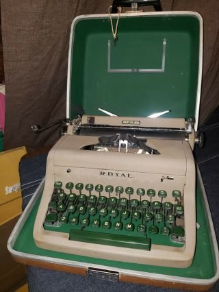 Vintage Royal Quiet Deluxe Portable Typewriter Grey With Green Keys Locking Case