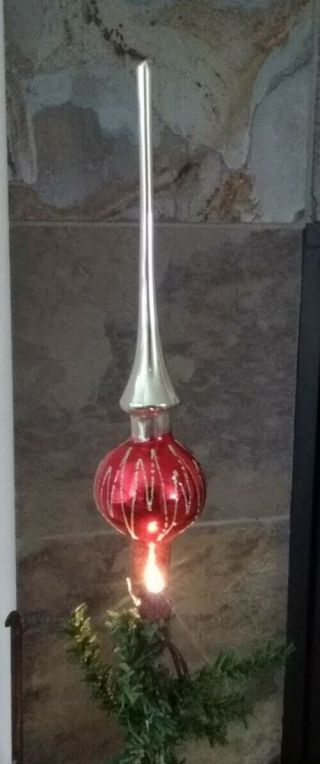 Vintage Sears Trim - Shop Christmas Tree Top - Red/silver - Glass - W.  Germany W.  Orig Box