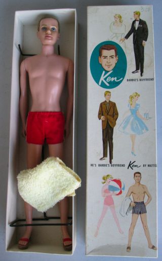 1961 Vintage Flocked Brownette Hair 750 Ken Doll W/ Box Stand Sandals Towel