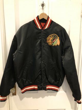 90s Vintage Nhl Chicago Blackhawks Starter Jacket Coat Black Satin Snap Mens Xl