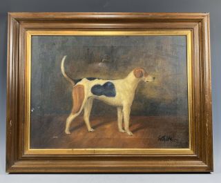 Vintage Oil On Canvas Painting Hunting Bird Dog Pointer Wood Frame Signed