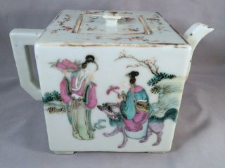 Antique 19th Century Qing Dynasty Chinese Square Famille Rose Porcelain Teapot