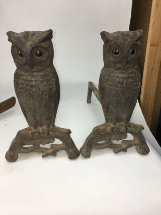 Antique Cast Iron Owl Andirons W/ Glass Eyes Mcm Monster