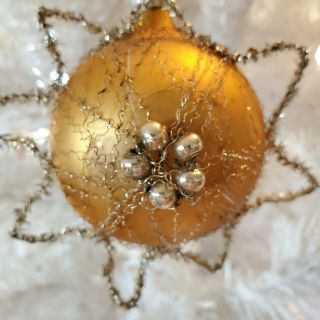 Antique Vtg Gold Christmas Tree Glass Ornament Wire Wrapped Tinsel Mercury Beads