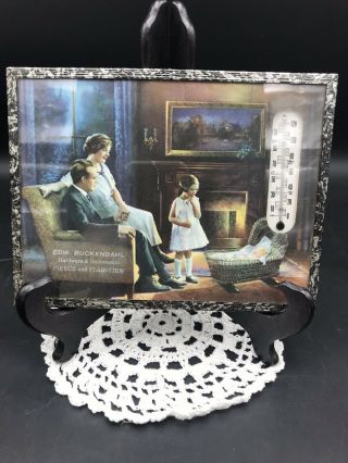 Vintage Advertising Picture Thermometer Family Fireplace Scene