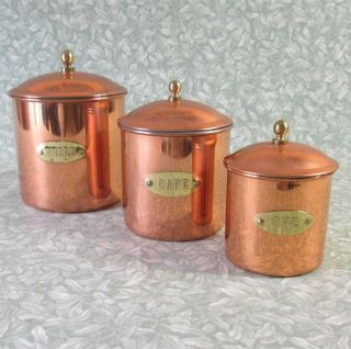Vintage French Set 3 Tin Lined Copper Canisters Food Storage Brass Label Nesting
