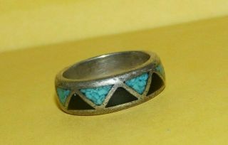 Vintage Native Navajo Sterling Silver Turquoise Black Onyx Band Ring Size 7.  5