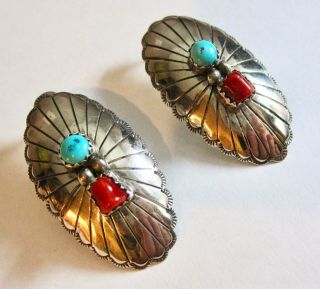 Vintage Native American Sterling Silver Turquoise Coral Post Earrings Signed Cy