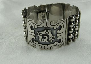Vintage Sterling Silver Vcc Mexico Eagle 2 Tribal Wide Panel Link Bracelet