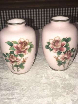 Vtg Japanese cloisonné vases,  with Roses design 5”Rare Pink 2