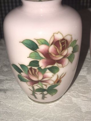 Vtg Japanese cloisonné vases,  with Roses design 5”Rare Pink 3