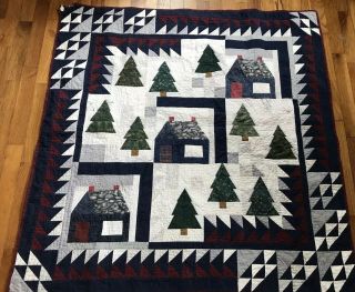 Handmade Vintage Quilt Wall Hanging House Cabin Tree Pieced Cotton