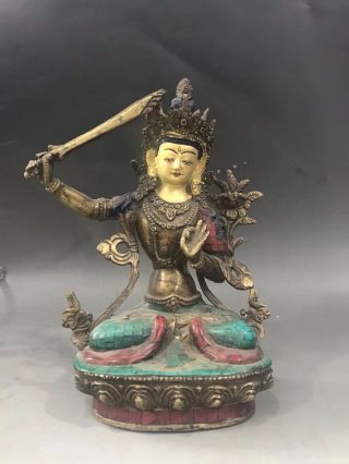 Chinese Antique Tibetan Buddhism Old Copper Inlaid Gemstone Tara Buddha D