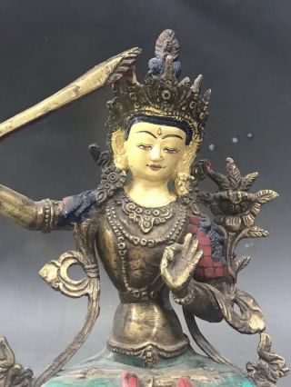 Chinese Antique Tibetan Buddhism old copper inlaid gemstone Tara Buddha D 2