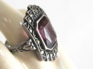 Vintage / Antique Art Deco Purple Amethyst Glass Sterling Silver Marcasite Ring