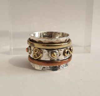Vintage Unusual 925 Silver,  Brass And Copper Arts & Crafts Style Spinner Ring