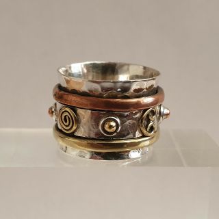 Vintage Unusual 925 Silver,  Brass and Copper Arts & Crafts Style Spinner Ring 2