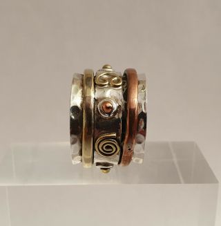 Vintage Unusual 925 Silver,  Brass and Copper Arts & Crafts Style Spinner Ring 3