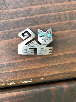 Vintage 925 Sterling Silver Peruvian Cat Turquoise Eyes Stamped Pin Brooch
