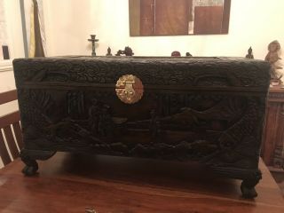 Vintage Chinese Camphor Wood Carved Chest - Lock & Key - Fish,  Gardens,  Mountain