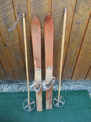 Vintage Wooden Skis 35 " Long W/ Leather Bindings,  Old Bamboo Poles