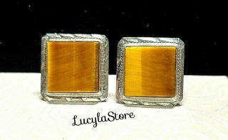 Vintage Mexico Sterling Silver 925 Rcd Tiger Eye Square Cuff Links Cufflinks
