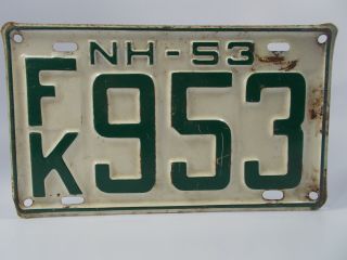 1953 Hampshire License Plate.  Fk953 53 Nh.  10 X 6 White & Green