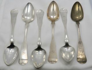 6 Coin Silver Fiddle Tip Soup Spoons 7 - 3/8 A.  Skinner Boston Mass.  1830 - 46