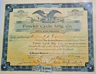 Fowler Cycle Mfg.  Co.  1897 Antique Stock Certificate – Bicycle Cycling