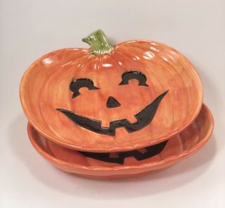 Vintage Fitz And Floyd 1987 Halloween Pumpkin Jack - O - Lantern Dish 7 " Set Of Two