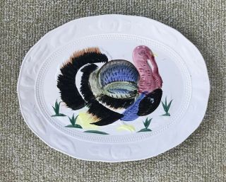 Thanksgiving Turkey Platter Large 18” Vintage Hand Painted Mcm Cottage