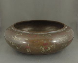 Chinese Asian Japanese Antique Bronze Censer Bowl W/ Silver Inlay Figures Scenes