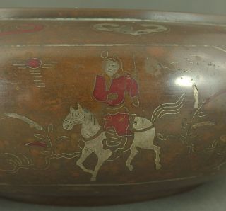 Chinese Asian Japanese Antique Bronze Censer Bowl w/ Silver Inlay Figures Scenes 2
