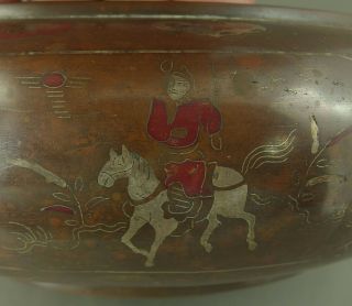 Chinese Asian Japanese Antique Bronze Censer Bowl w/ Silver Inlay Figures Scenes 3