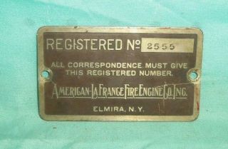 Vintage American Lafrance Fire Engine Register No.  2555 Brass Plate Emblem Ny