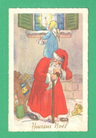 Vintage Christmas Postcard Cherub Stands On Santa 