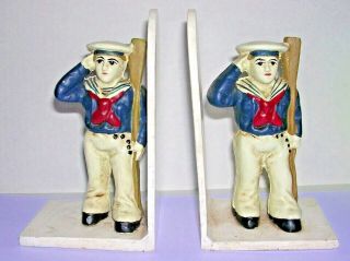 Pair (2) Vintage Wwi Nautical Navy Sailor Boys Painted Bookends Cast Iron Metal
