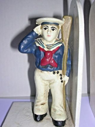 Pair (2) Vintage WWI Nautical Navy Sailor Boys Painted Bookends Cast Iron Metal 3