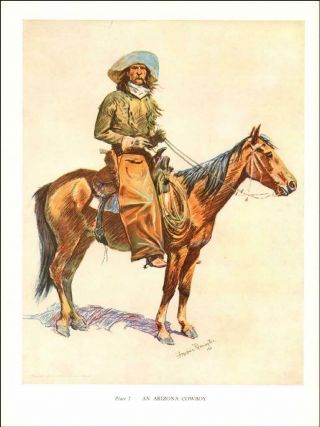 Arizona Cowboy On Horse By Frederic Remington,  Vintage Print Authentic 1947