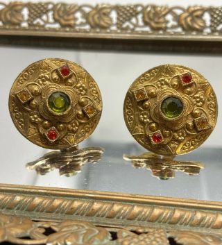 Vintage Robert Rose Earrings Gold Tone Green Red Yellow Stones Clip On Earrings