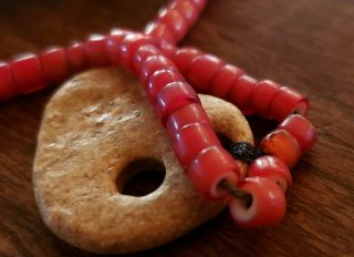 Old Antique Native American Indian White Heart Center Red Trade Bead Necklace