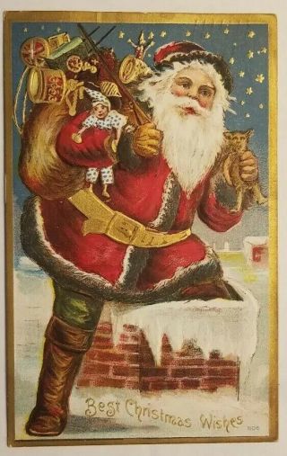 Vintage 1909 Postcard Santa On Rooftop W/ Huge Bag Of Toys Starting Down Chimney