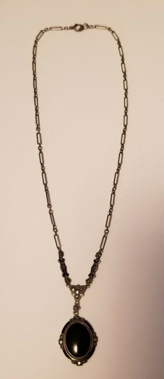 Vintage Sterling Silver Tribal Black Onyx Necklace Charm Pendant & Chain 925