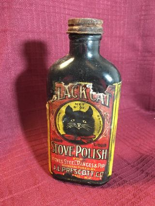 Black Cat Stove Polish.  Vintage Bottle.  Jl Prescott Co