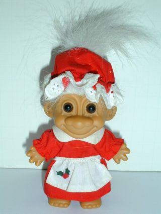Vintage Russ Troll Doll Mrs Santa Claus 5 " Red Dress White Apron