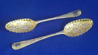 Pair George Ii Bright Gilded Sterling Silver Berry Spoons Ldn 1760 101g