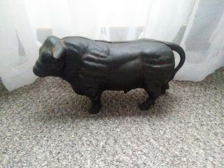 Vntg Cast Iron Bull Still Bank Doorstop 10 3/4 " Long 6 Lb 15 Ozs Cow Ox Figural