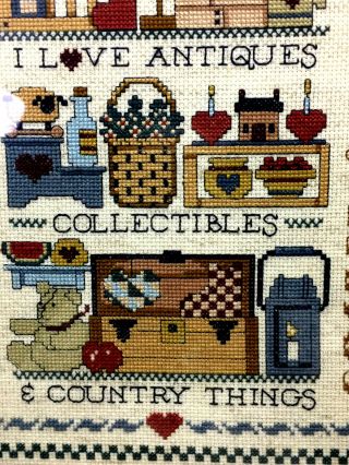 Completed framed cross stitch alphabet sampler embroidery I love antiques 2